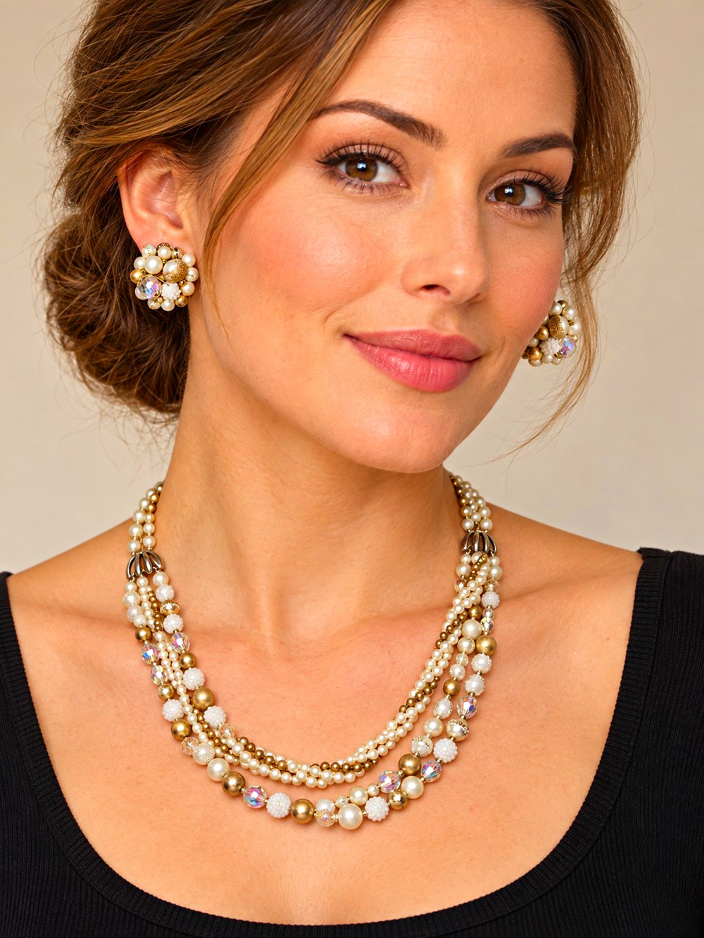 Vintage Japan Multi Strand Faux Pearl Crystal Necklace Clip Earrings Set